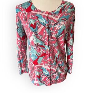 Talbots Spring Bird Cardigan Pink and Turquoise Size M